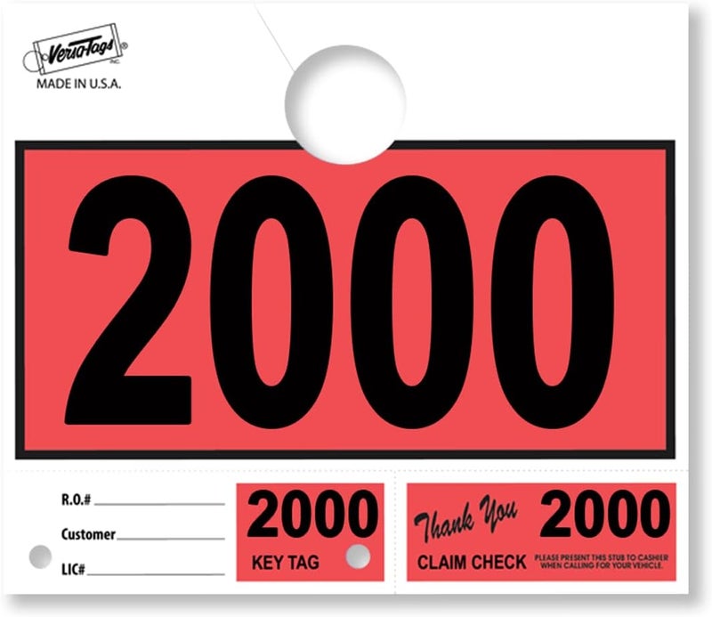 Versa-Tags 1000 Red Car Dealer Service Hang Tags Service Dispatch Numbers, Service Department Numbered Key Tags for Mechanic Repair Shop 3 Part Key Ring - Red (2000-2999) - Image 1